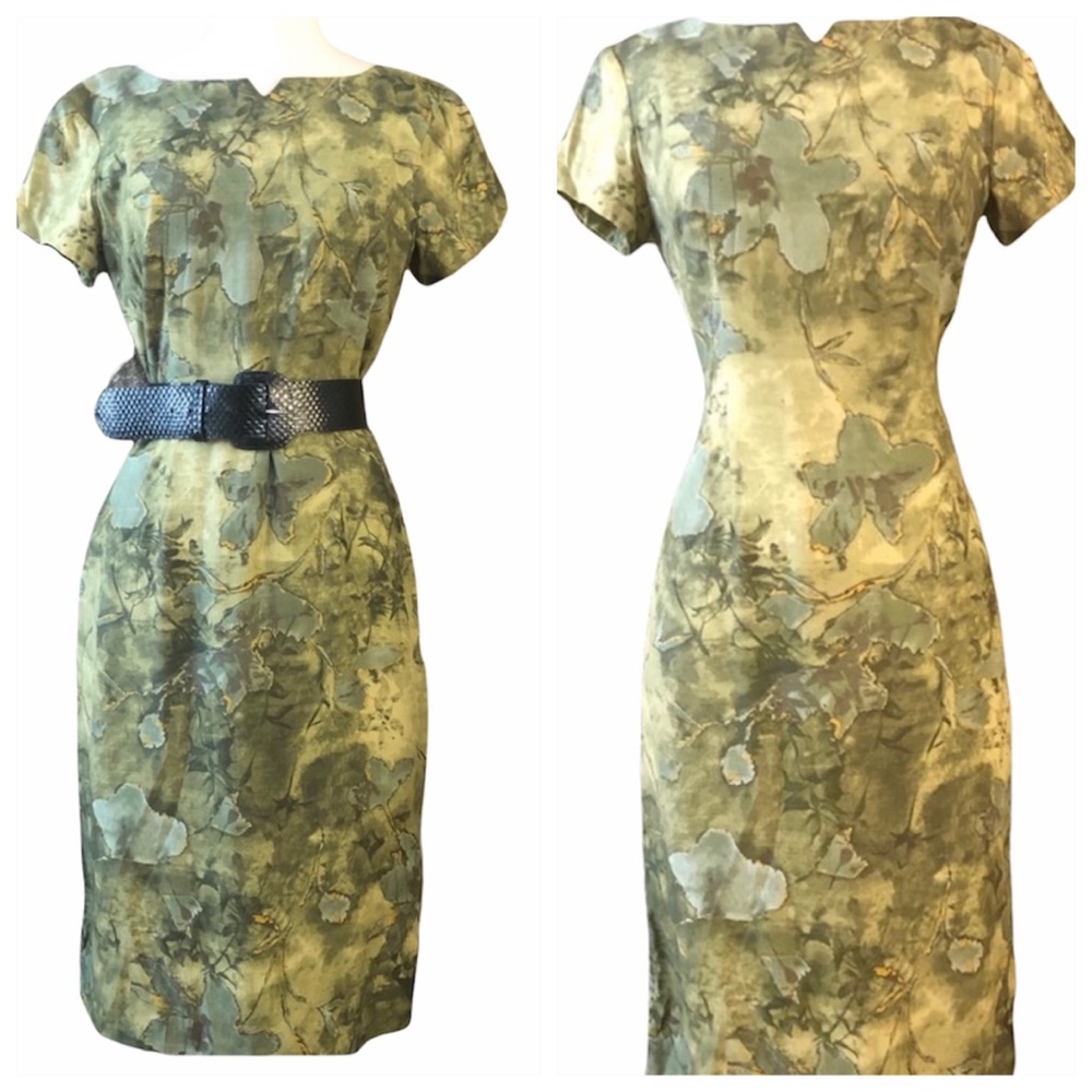 Vintage Green Fitted Floral Garden Party Dress, Medium/ Size 6